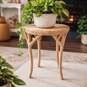 Vintage Pleasant Company Rattan Plant Stand, Organic Modern Wicker Pedestal